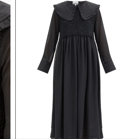 Ganni Dresses & Skirts - GANNI Ruffled-Collar Smocked Chiffon Dress Size 32 Or Size 0